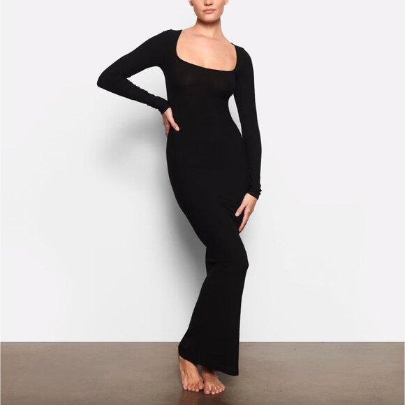 Skims Soft Lounge Long Sleeve Dress L Black Ribbed Onyx Maxi Bodycon Stretch - Picture 1 of 9